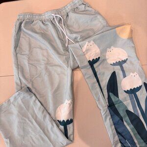 NWT - Light Blue with Cat Flower Pattern Parachute Pants - Women's XL